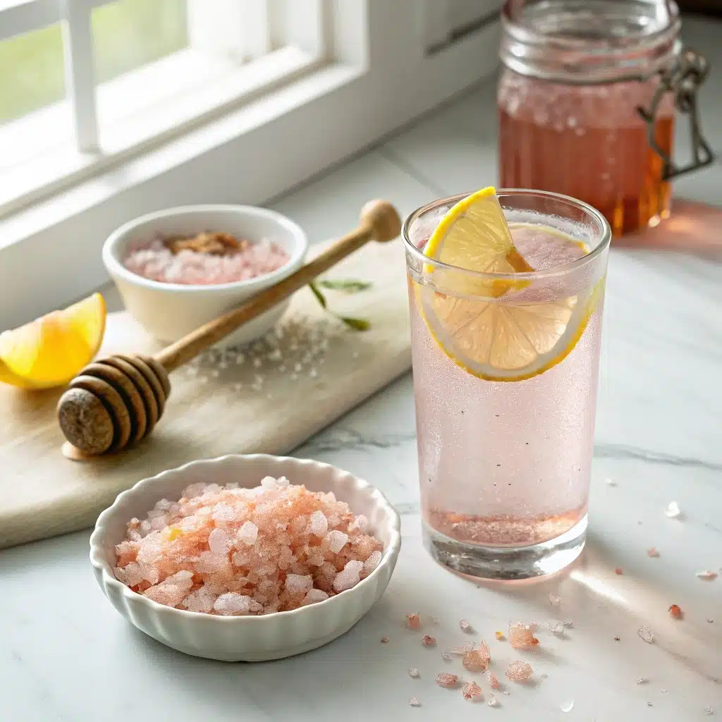 Pink salt trick recipe morning drink with lemon and honey on marble counter