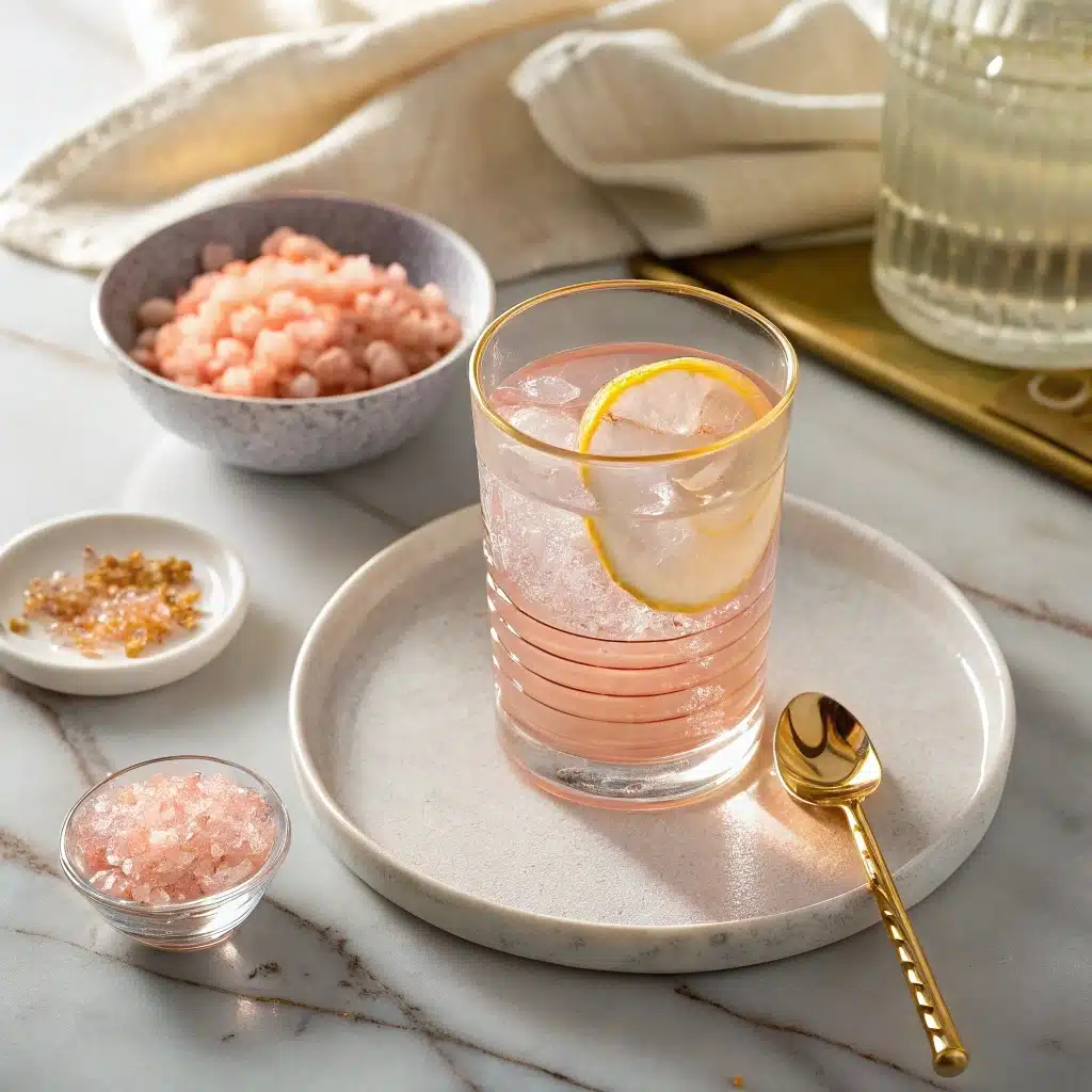 Pink salt trick recipe served with salt and honey on marble table