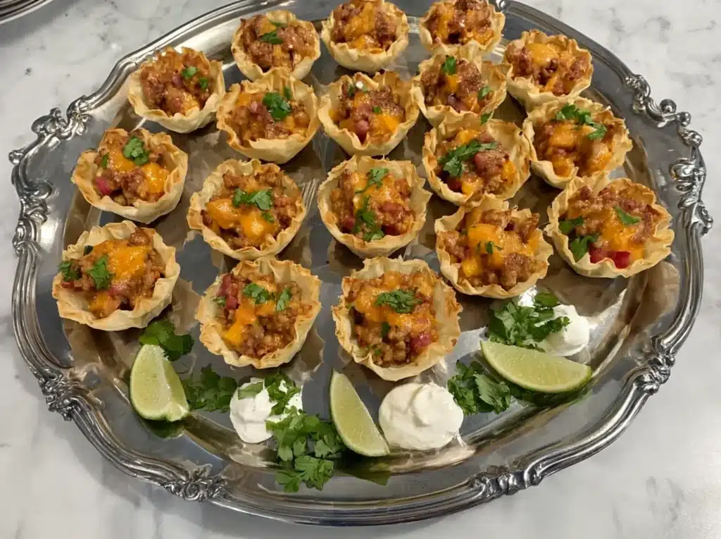Party platter of Taco Ranch Bites in Phyllo Cups