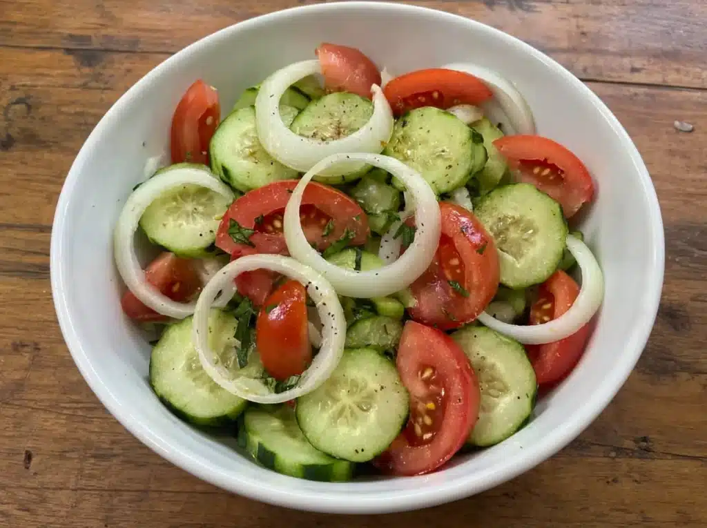 Sbarro cucumber tomato salad in white bowl with vinaigrette