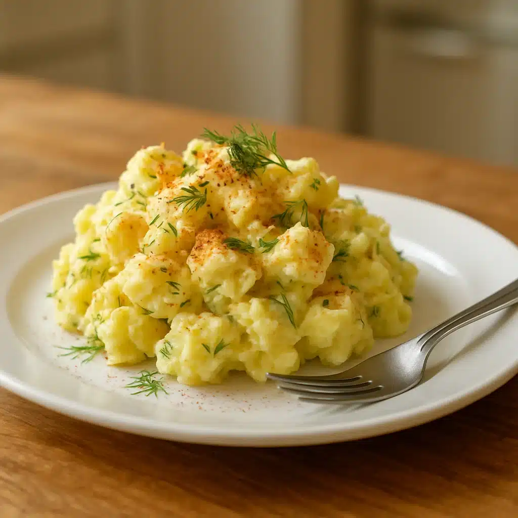 best potato salad recipe served on white plate on kitchen table
