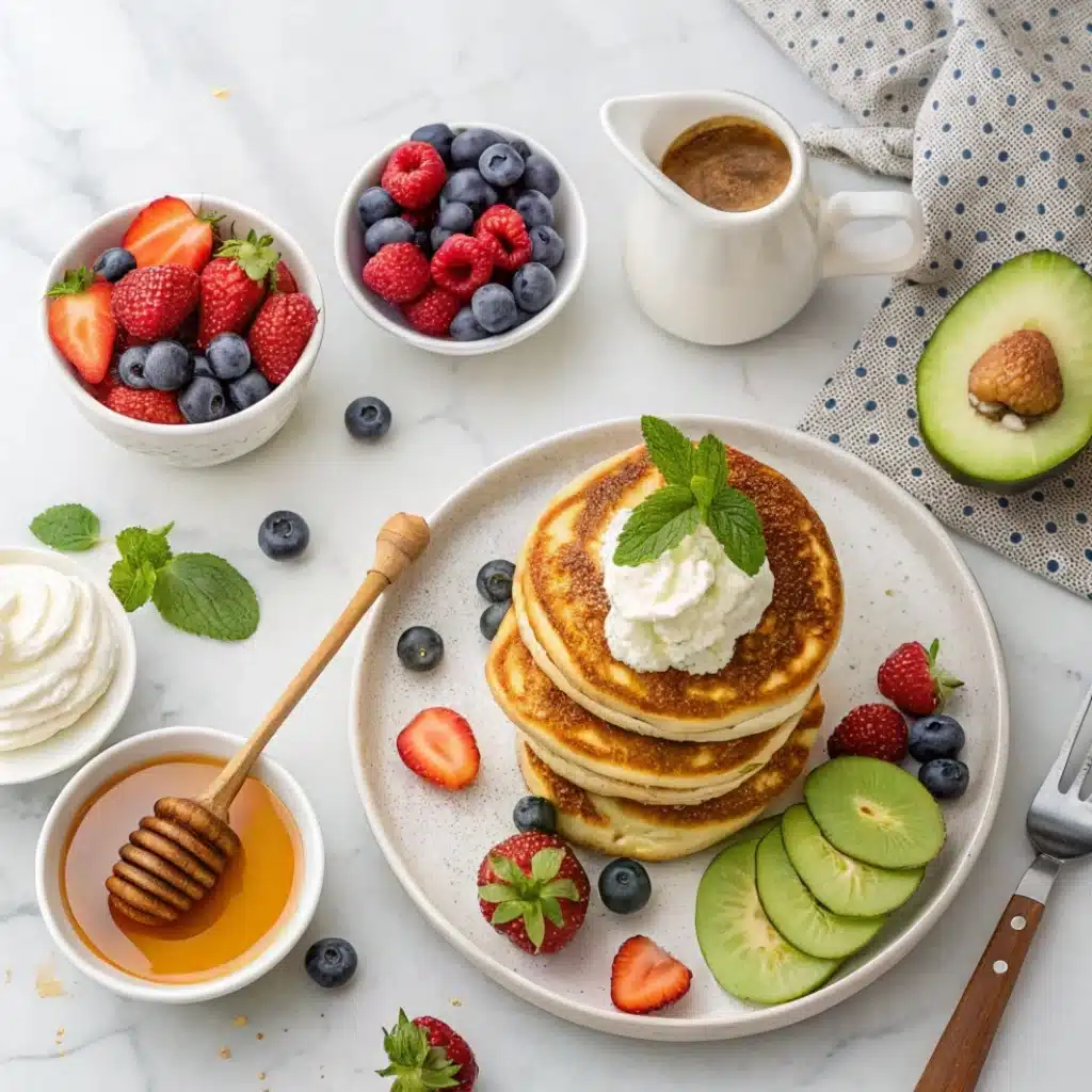 Serving suggestions for cottage cheese pancakes recipe with sweet and savory toppings