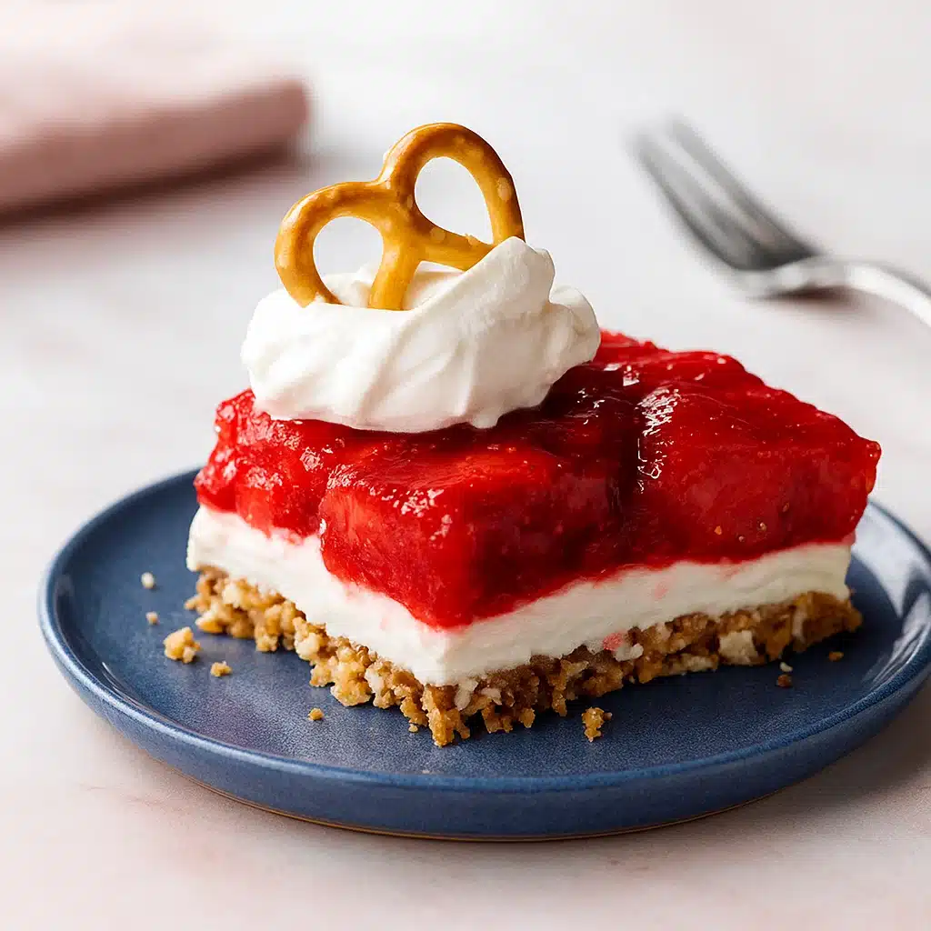 slice of strawberry pretzel salad recipe served on white plate with gold fork