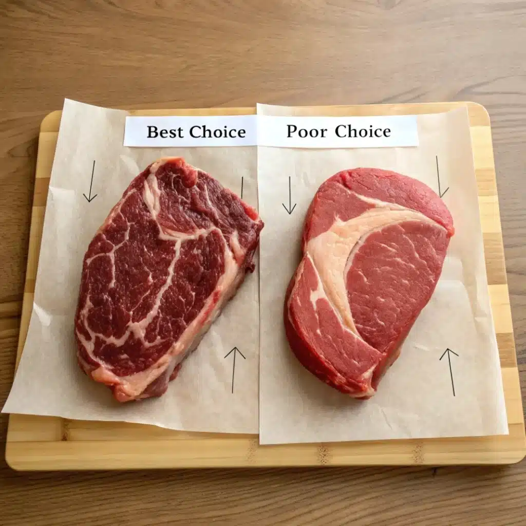 Side-by-side comparison of marbled and lean chuck roasts labeled best and poor