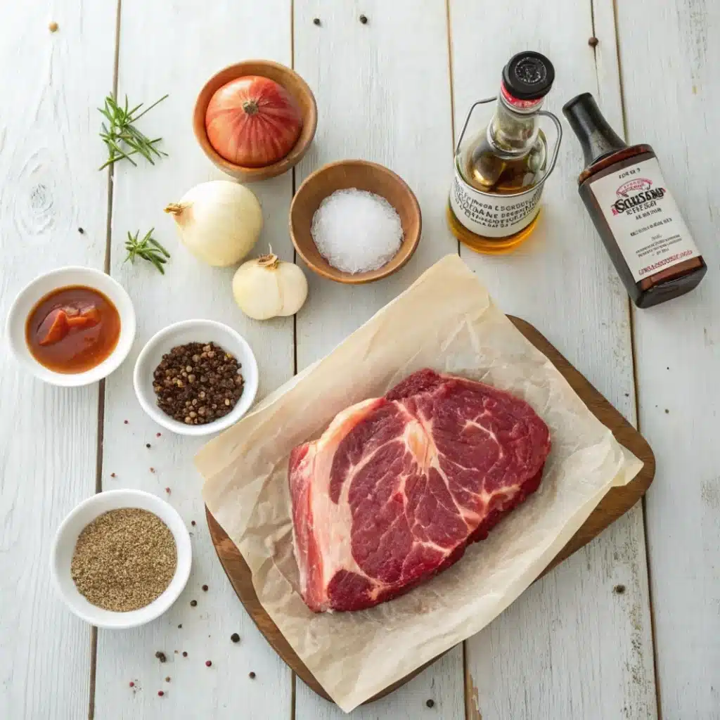 Ingredients for smoked chuck roast displayed on wooden table with spices and sauce