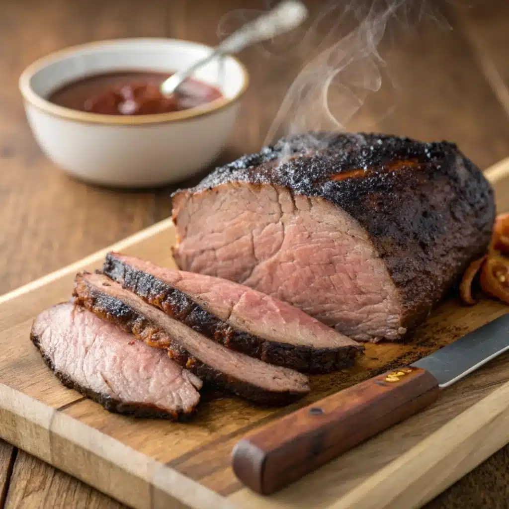 Smoked chuck roast sliced on a wooden cutting board with barbecue sauce