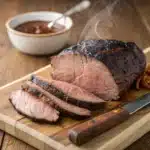 Smoked chuck roast sliced on a wooden cutting board with barbecue sauce
