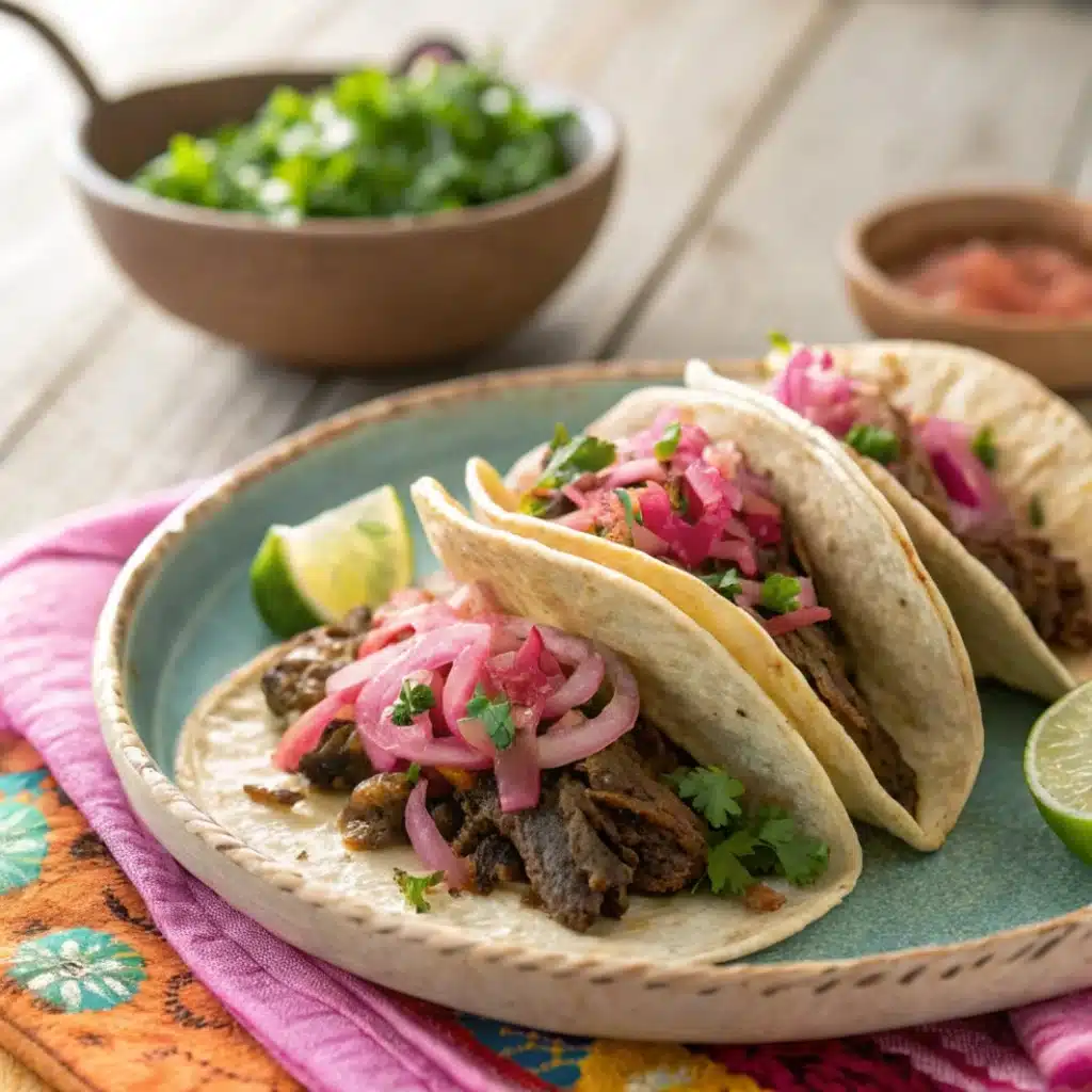Smoked chuck roast tacos with pickled onions, cilantro, and lime on rustic plate