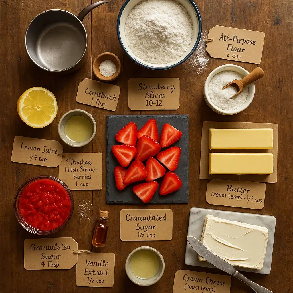 all ingredients for strawberry pizza recipe arranged on kitchen table