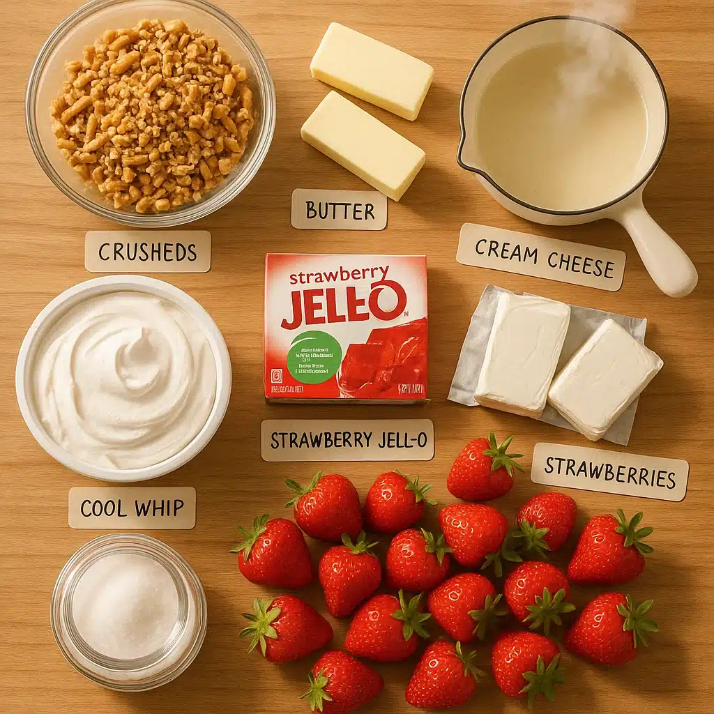 all ingredients for strawberry pretzel salad recipe arranged on wooden kitchen table
