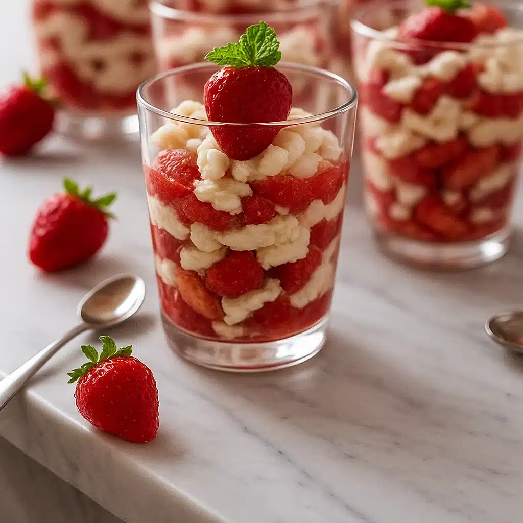individual servings of strawberry pretzel salad recipe in glass cups with mint garnish