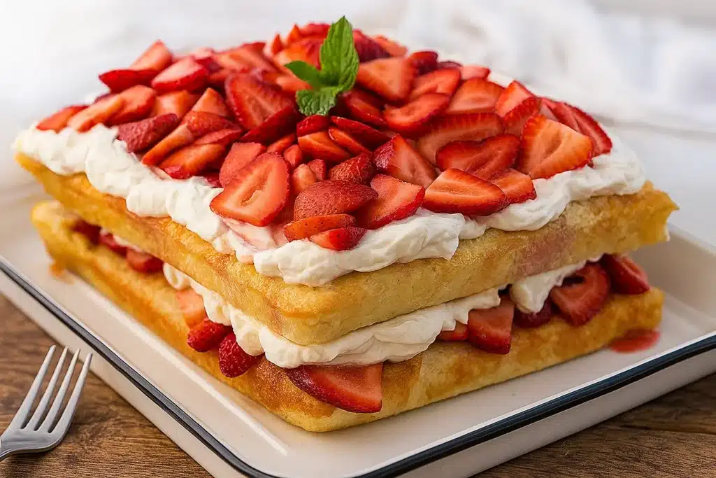 Strawberry shortcake recipe with whipped cream and fresh berries