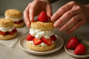 Strawberry shortcake recipe being assembled step by step