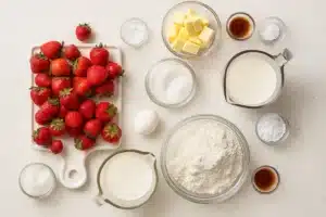 Strawberry shortcake recipe ingredients laid out on a kitchen counter