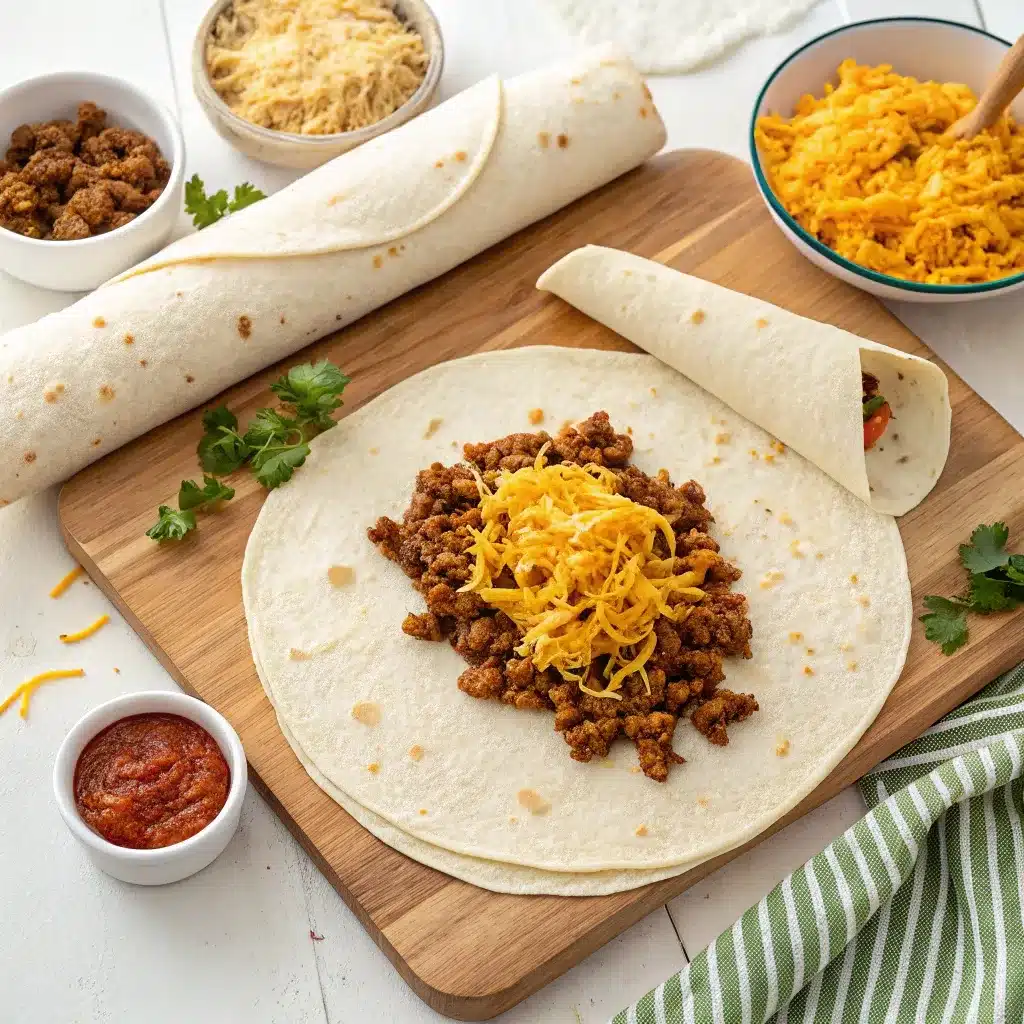 Cheesy Taco Filling Spread on Tortilla Before Rolling
