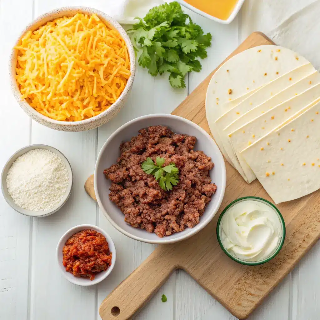 cheesy taco pinwheels ingredients flat lay