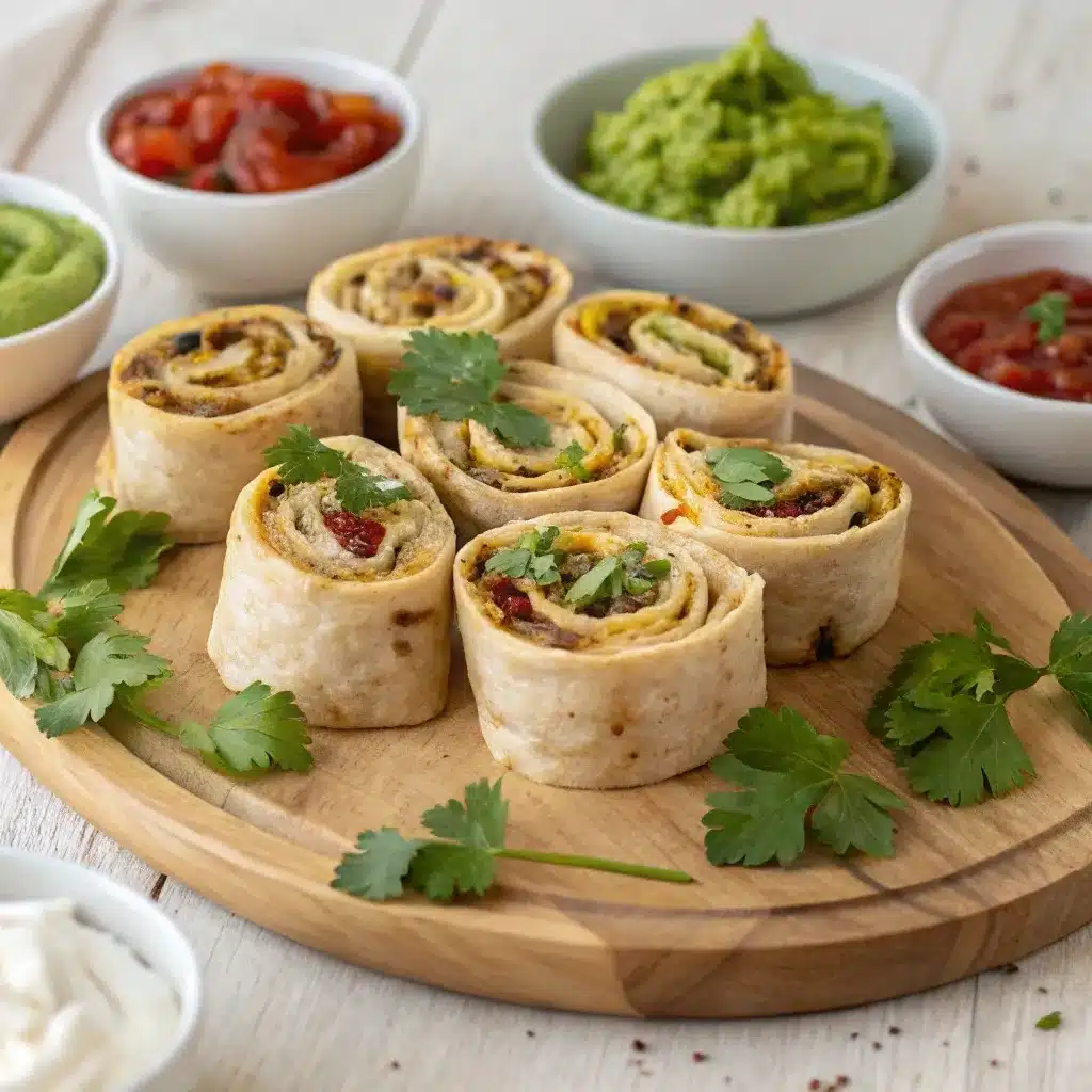cheesy taco pinwheels served with dips