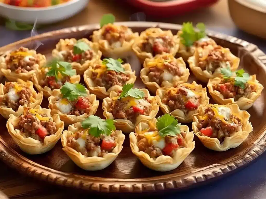 Taco Ranch Bites in Phyllo Cups beautifully arranged