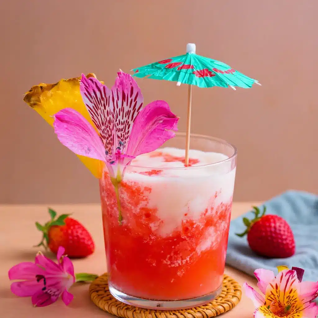 Virgin lava flow mocktail garnished with pineapple slice, tropical flower, and cocktail umbrella