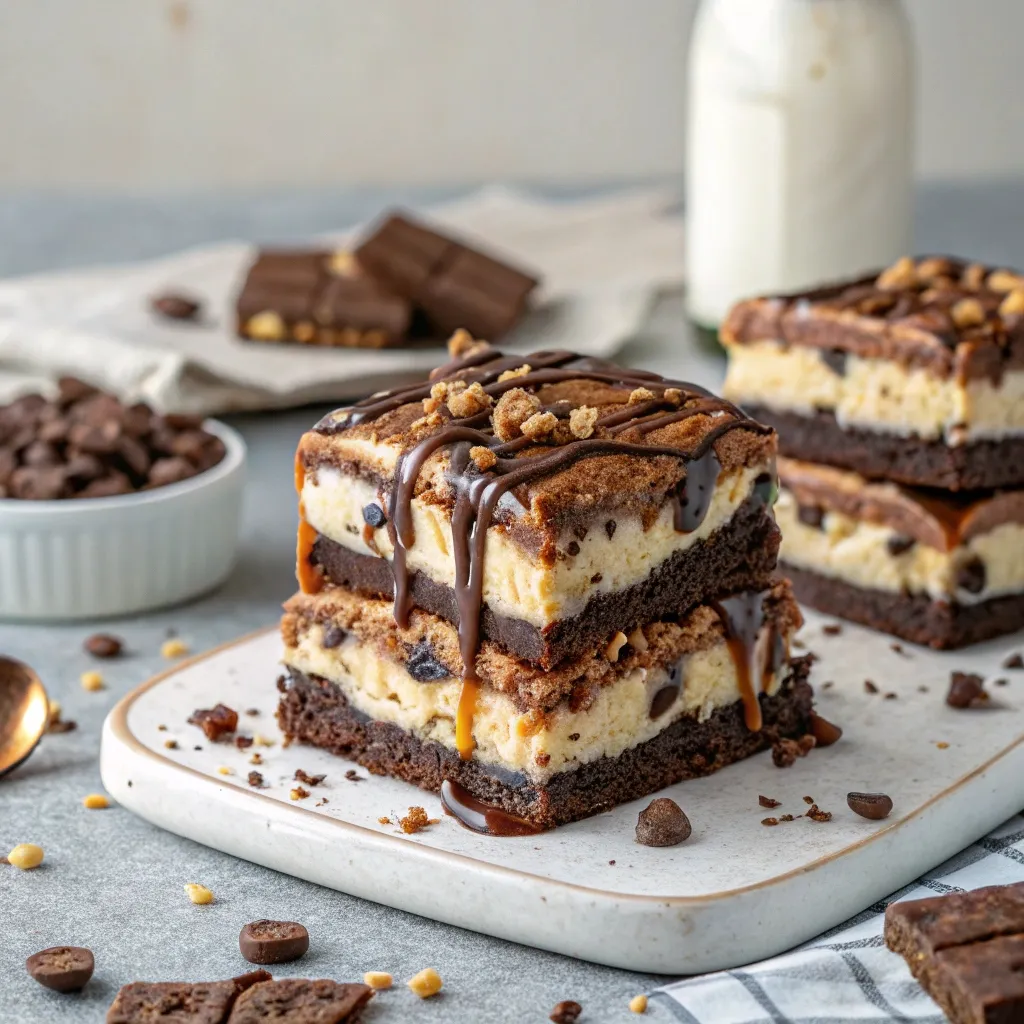 Brownie ice cream sandwich cake using Slutty Brownie Ice Cream Sandwiches with caramel drizzle Caption: Decadent brownie ice cream sandwich cake stacked with layers of cookie, ice cream, and fudgy brownie