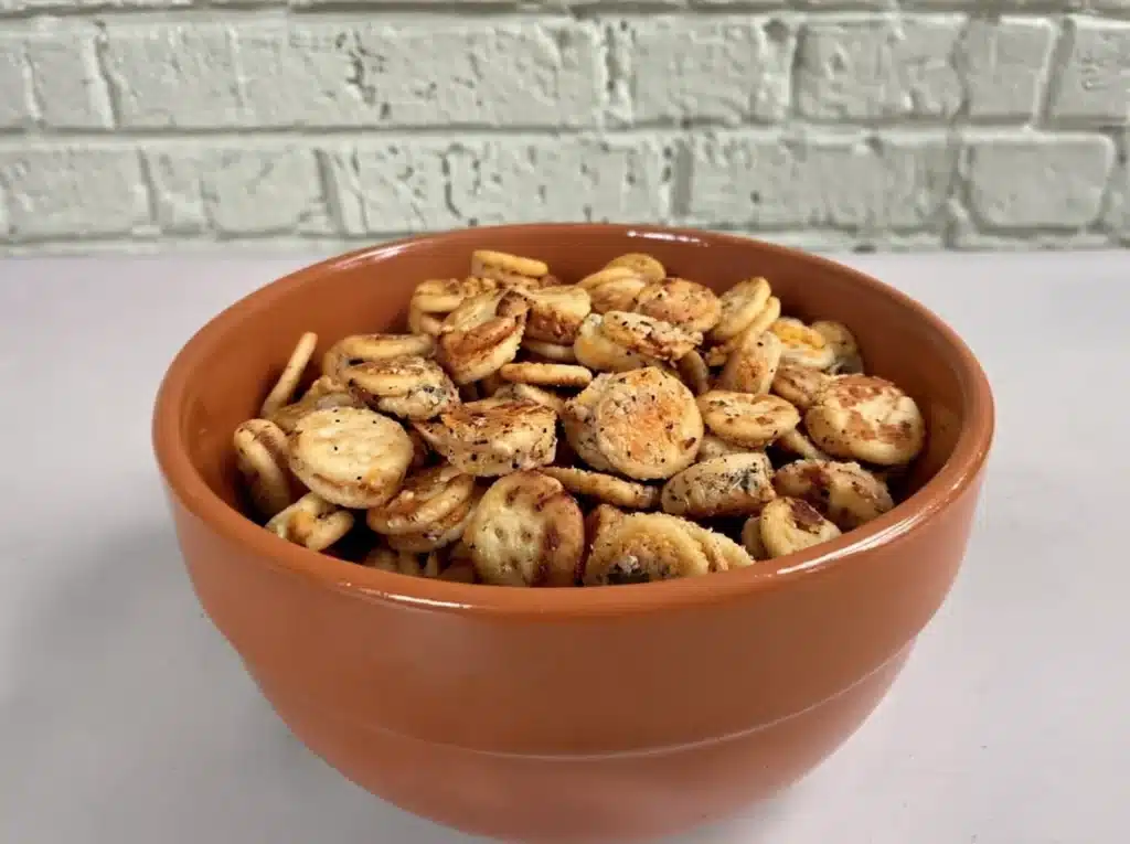 Garlic Bread Ritz Bits snack served in a terracotta bowl close-up