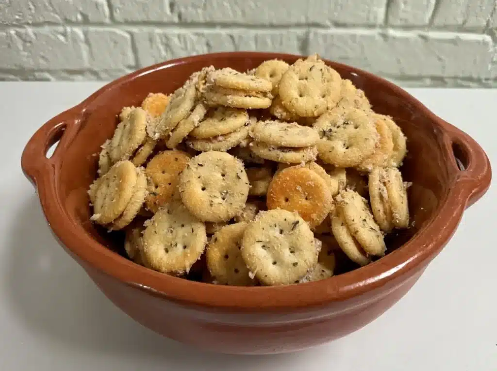 Parmesan and herb-coated Garlic Bread Ritz Bits in a brown dish