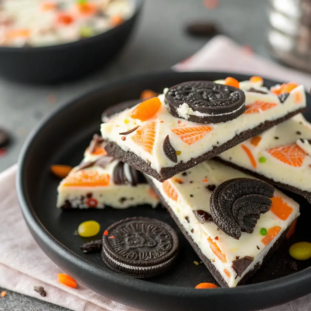 Close-up of Halloween Oreo Bark recipe with white chocolate and Oreo chunks