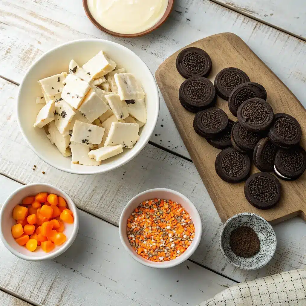 Ingredients used in the Halloween Oreo Bark recipe displayed on wood surface
