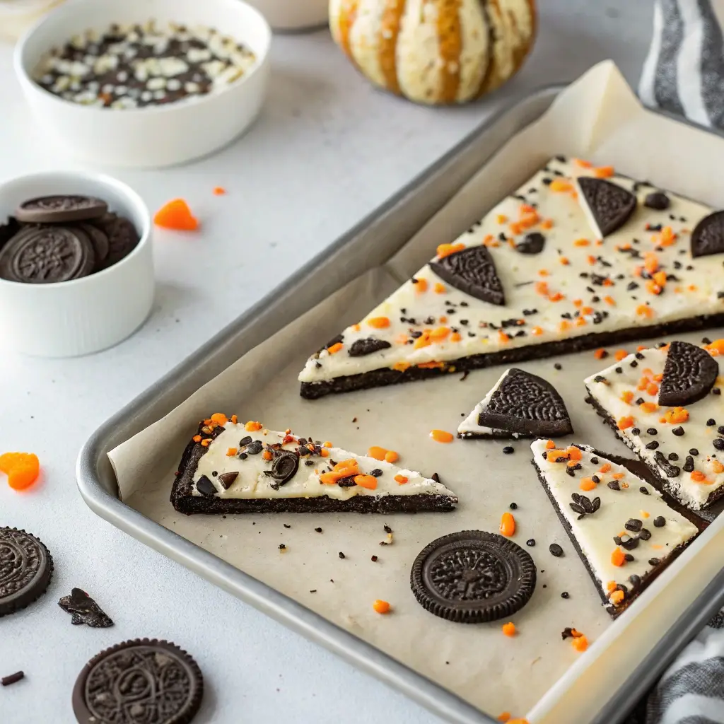 Unchilled Halloween Oreo Bark recipe layered with white chocolate and Oreos