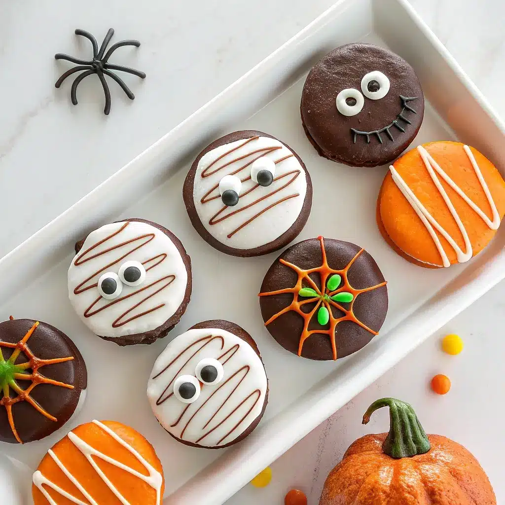 Assorted Halloween Whoopie Pies decorated as spiders, mummies, and pumpkins