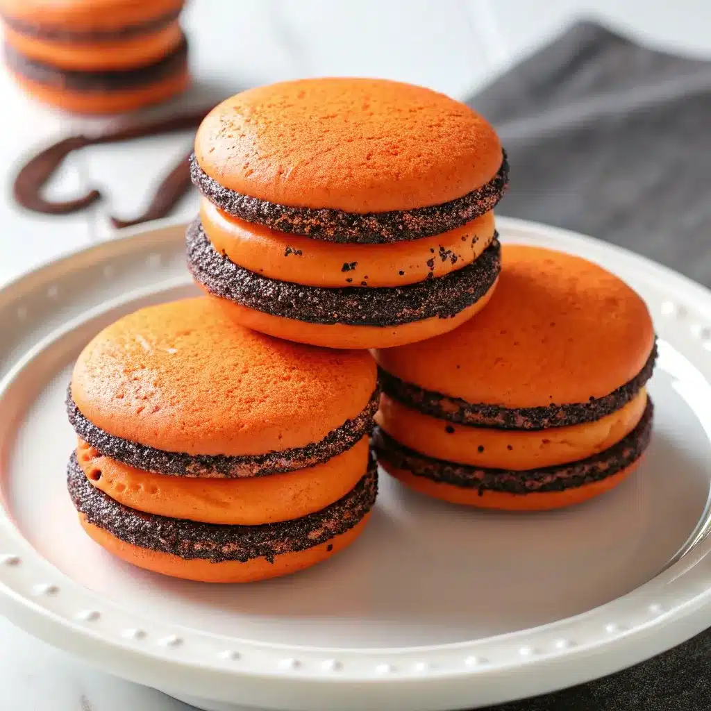 Soft Halloween Whoopie Pies with orange filling stacked on a plate