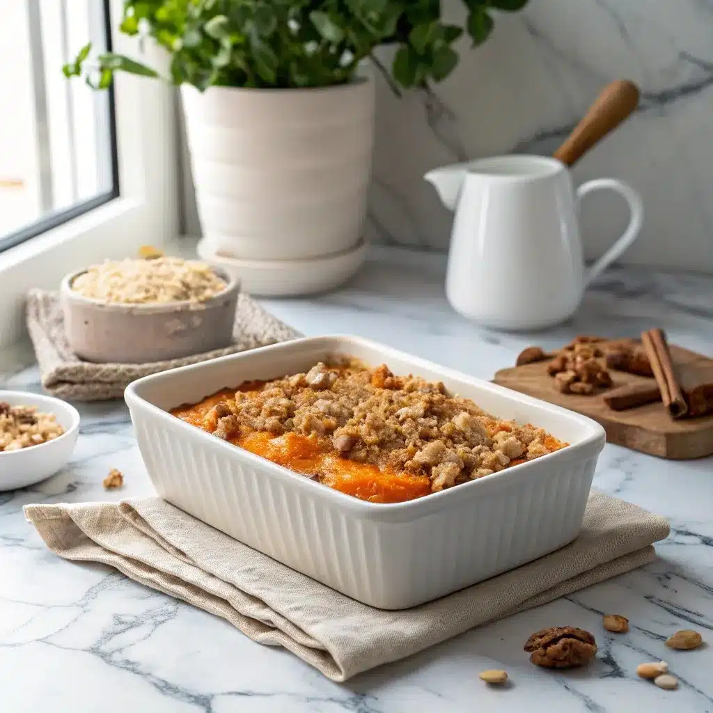 Healthy sweet potato cobbler made with canned yams, almond milk, and gluten-free oat topping