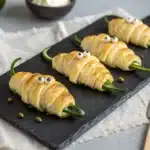 jalapeno popper mummies arranged on a white serving plate