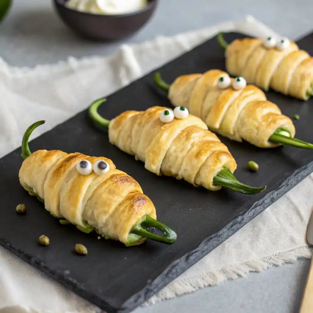 jalapeno popper mummies arranged on a white serving plate