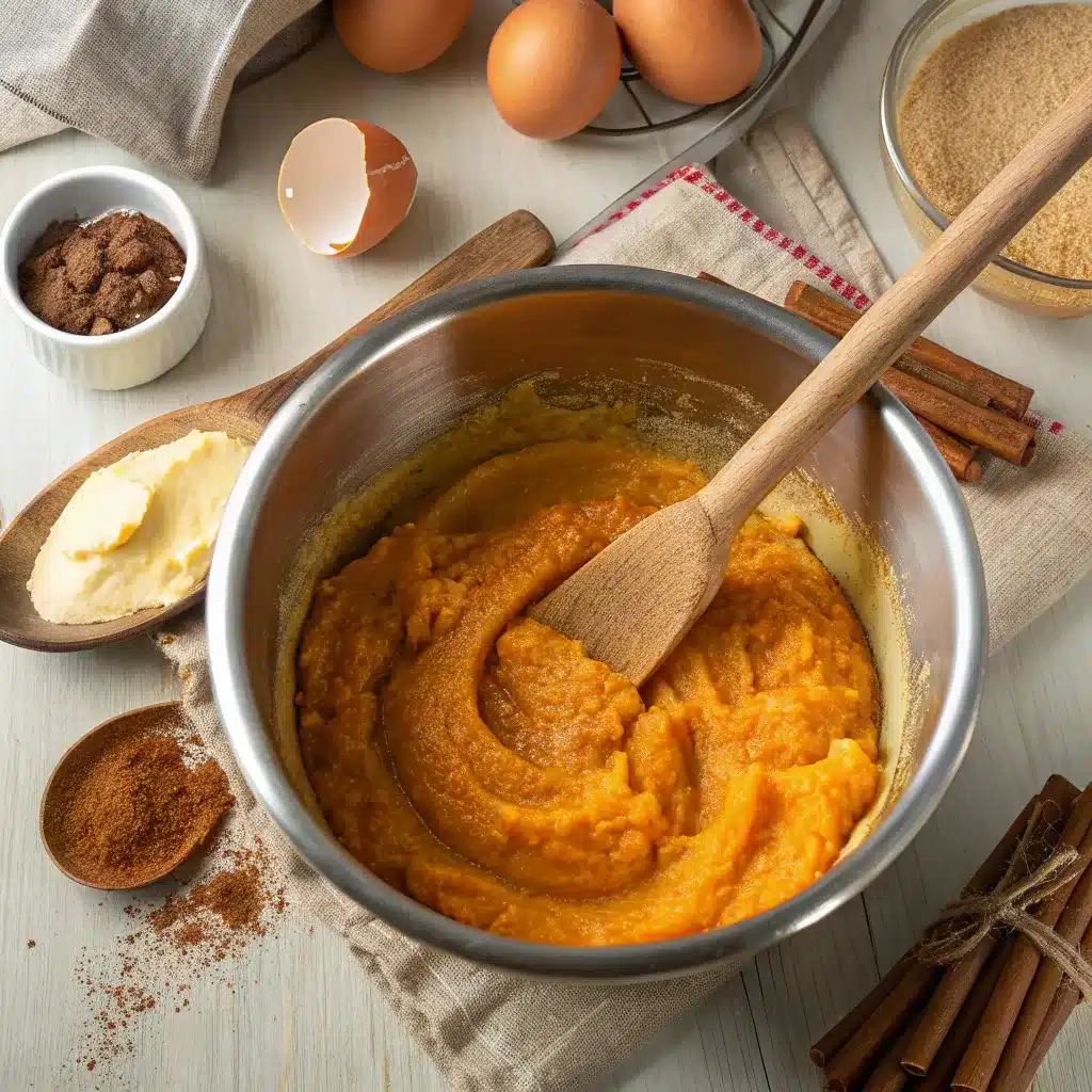 Mixing canned yams with butter, brown sugar, and cinnamon for sweet potato cobbler