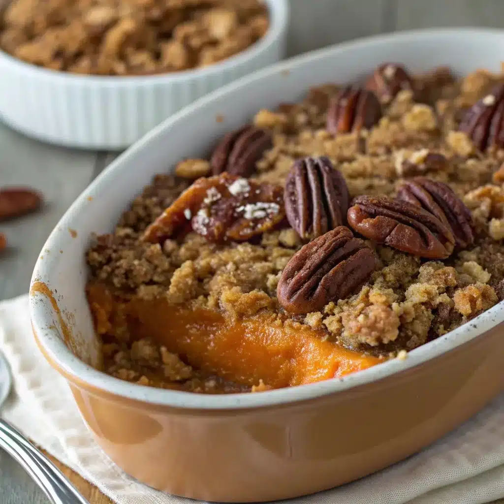 Golden brown pecan and cornflake topping on sweet potato cobbler made with canned yams