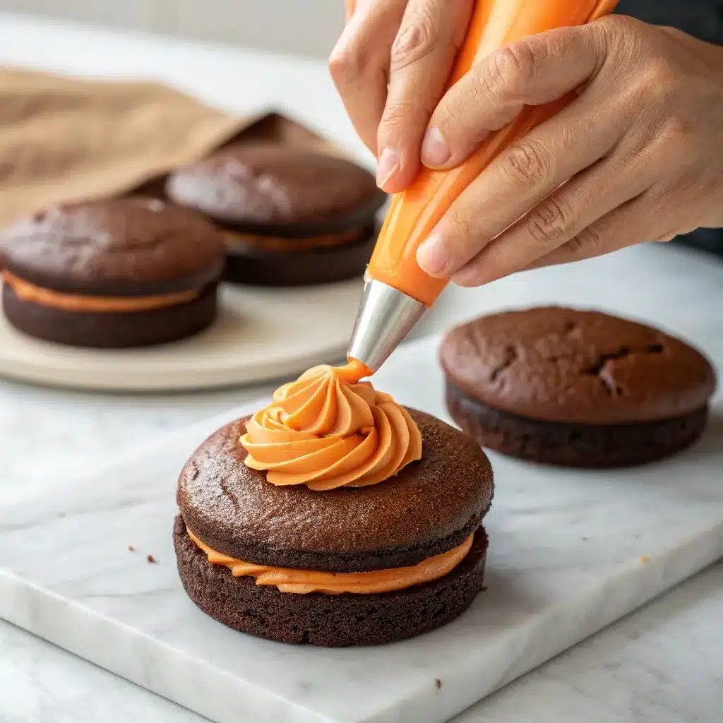 Piping orange frosting onto Halloween Whoopie Pie