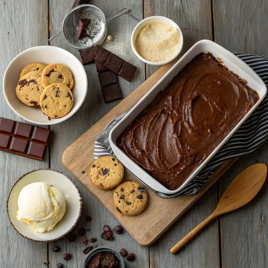 Ingredients for Slutty Brownie Ice Cream Sandwiches with brownie mix, cookie dough, and creamy cookies and cream ice cream