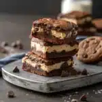 Stacked Slutty Brownie Ice Cream Sandwiches with fudgy brownie, chewy cookie, and creamy ice cream layers