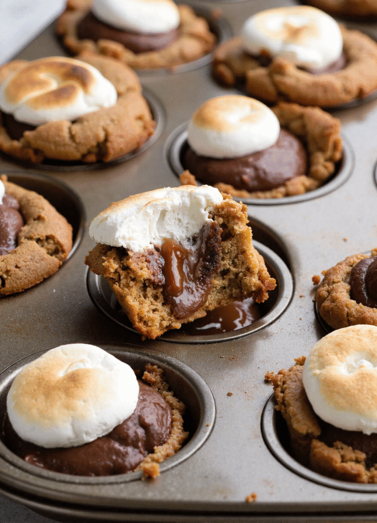 S'mores Cookie Cups fresh from oven with gooey marshmallows and melted chocolate