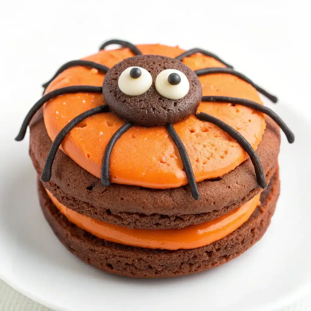 Halloween Whoopie Pie decorated as a spider with candy eyes and licorice legs