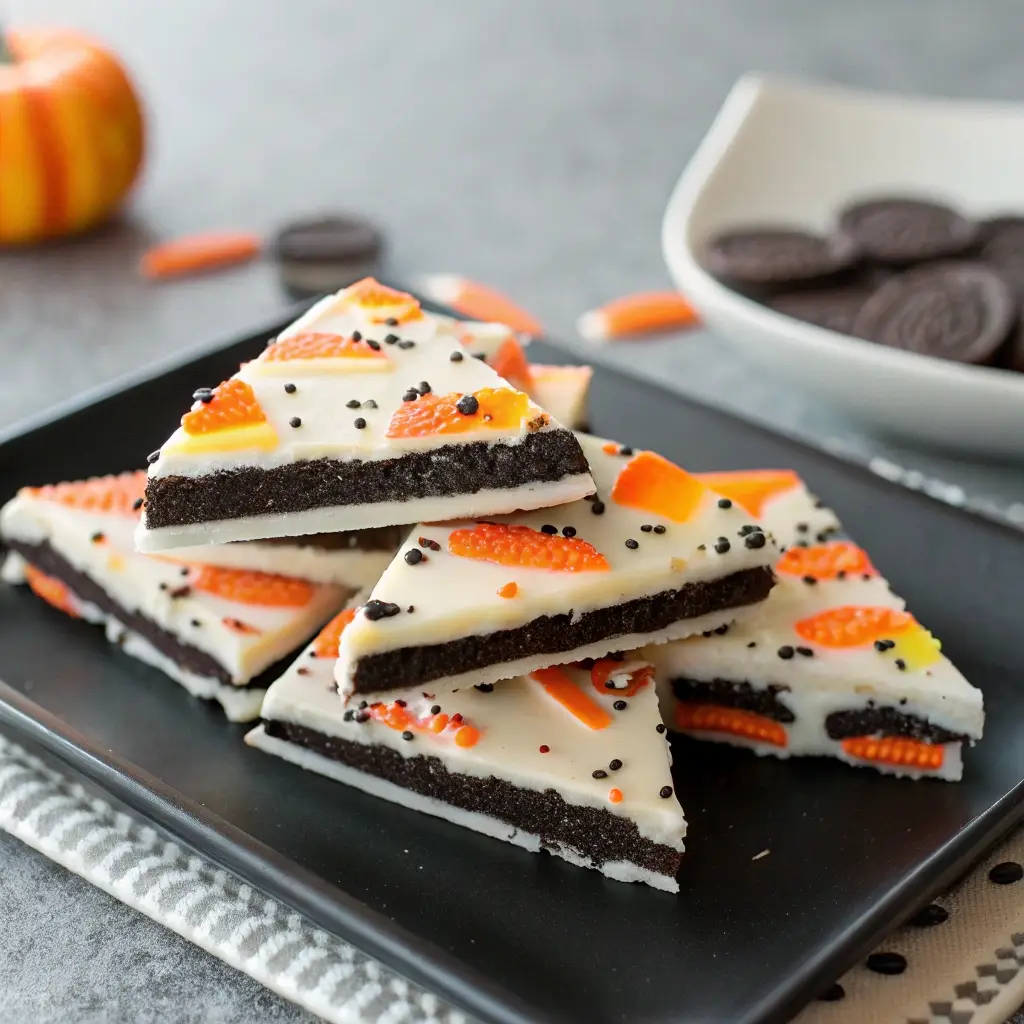 Stacked Halloween Oreo Bark recipe pieces on dark plate close-up