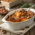 Hot sweet potato cobbler with canned yams topped with golden pecans and cornflakes
