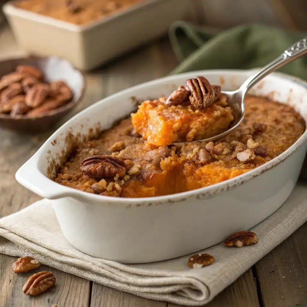 Hot sweet potato cobbler with canned yams topped with golden pecans and cornflakes
