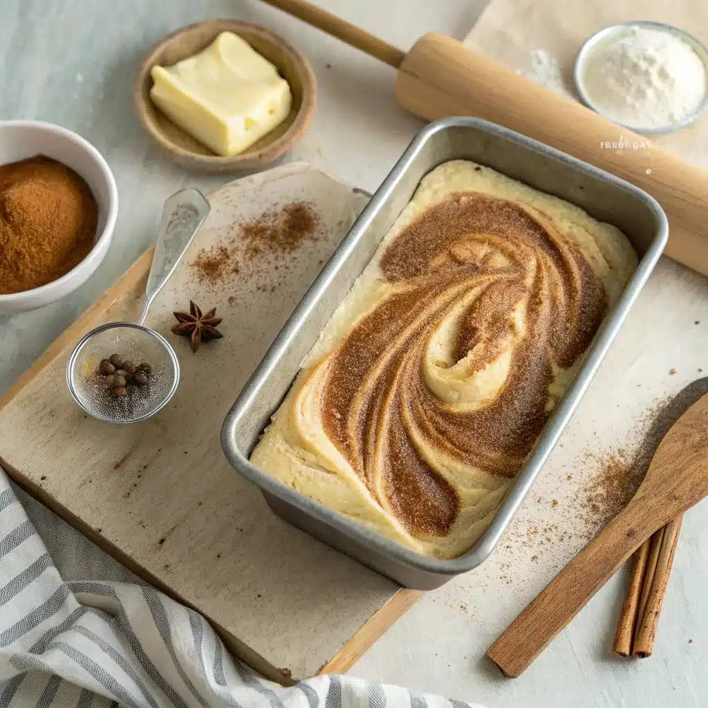 Cinnamon swirl being layered in zucchini coffee cake batter