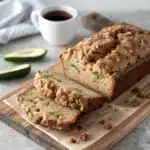 Zucchini coffee cake bread with cinnamon streusel sliced on a wooden board