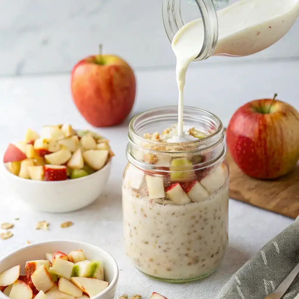 Chopped apples and milk added to apple pie overnight oats jar