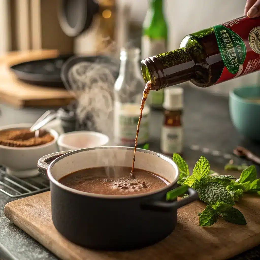 Peppermint extract being added to a pot of hot cocoa.