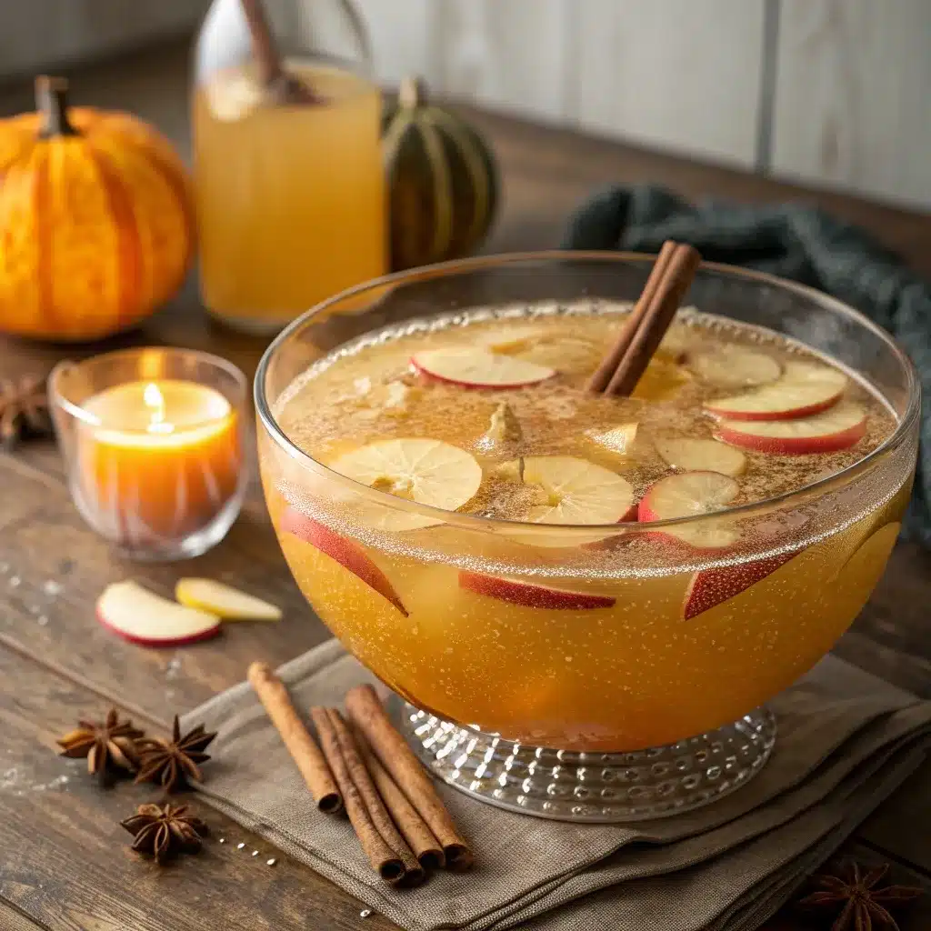 apple cider halloween punch with apple slices and cinnamon sticks