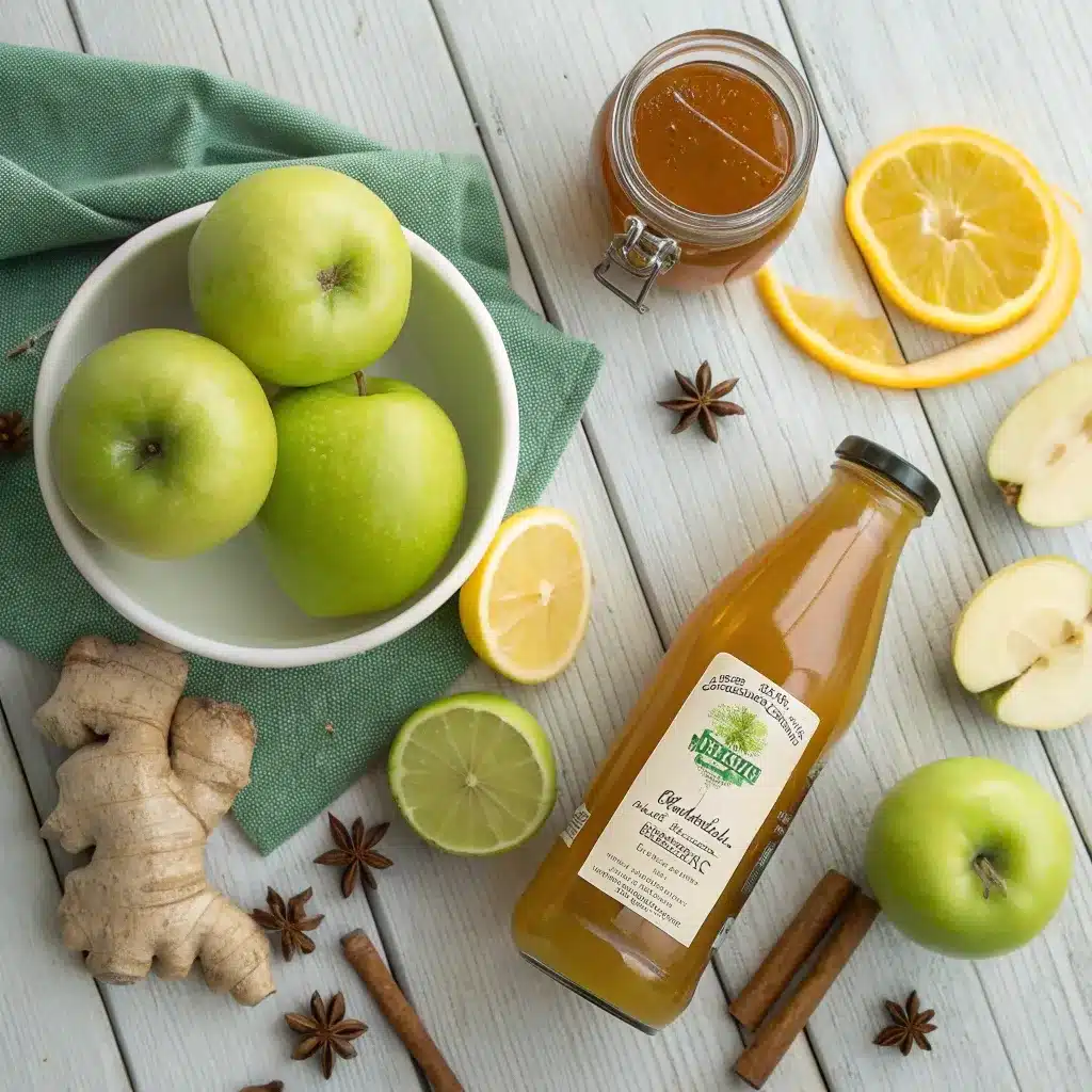 apple cider halloween punch ingredients arranged on wooden table